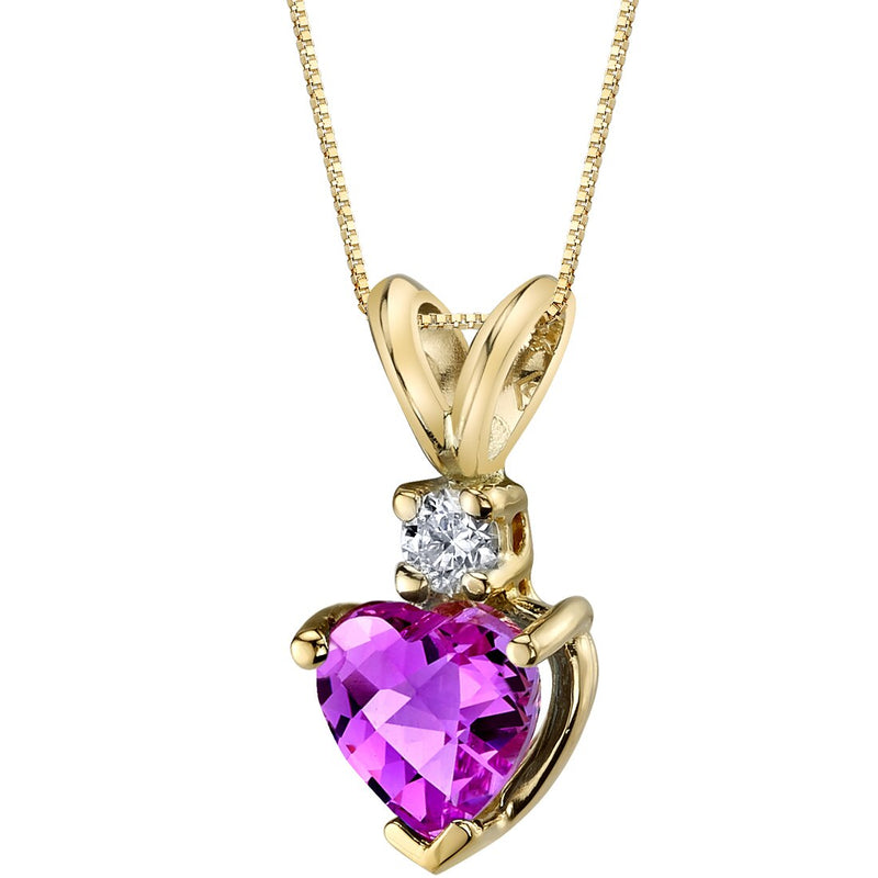 14K Yellow Gold Heart Shape 1 Carat Created Pink Sapphire Diamond Pendant Necklace
