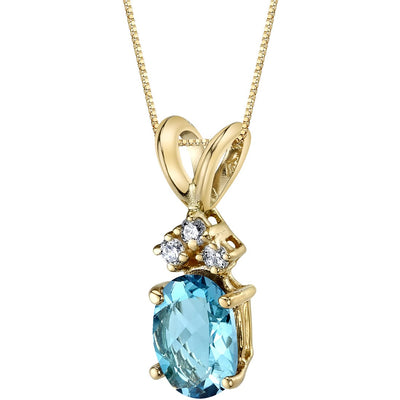 Swiss Blue Topaz and Diamond Pendant Necklace 14K Yellow Gold 1 Carat Oval