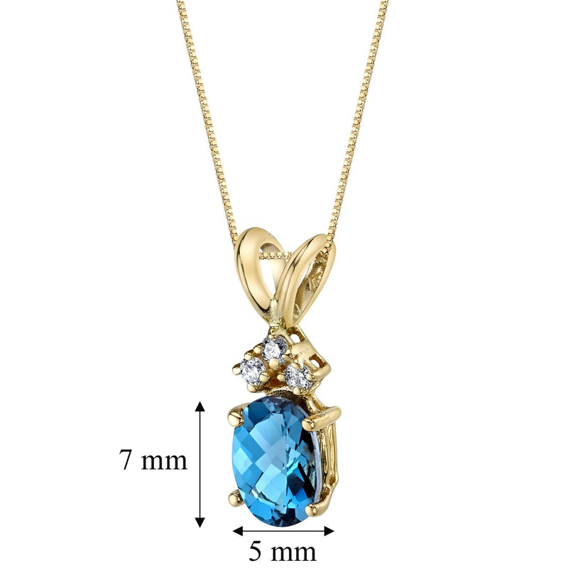 London Blue Topaz and Diamond Pendant Necklace 14K Yellow Gold 1 Carat Oval