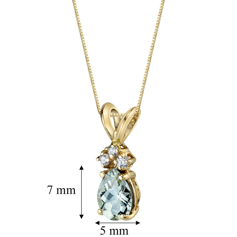 Pear Shape Green Amethyst and Diamond Pendant Necklace 14K Yellow Gold