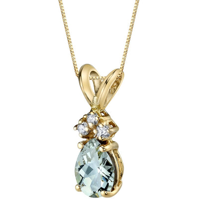 Pear Shape Green Amethyst and Diamond Pendant Necklace 14K Yellow Gold