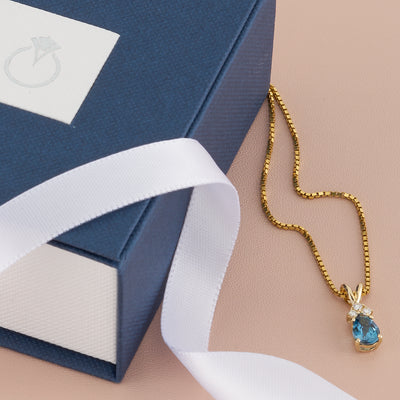 Pear Shape London Blue Topaz and Diamond Pendant Necklace 14K Yellow Gold