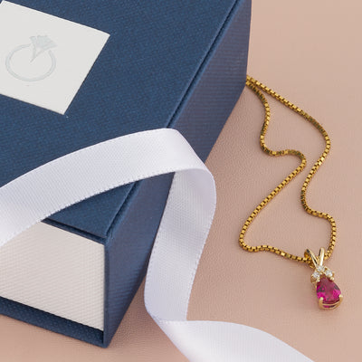 14K Yellow Gold Pear Shape 1 Carat Created Ruby Diamond Pendant Necklace