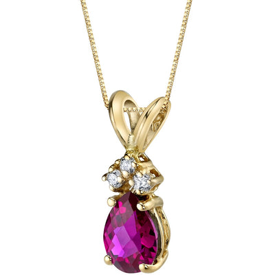14K Yellow Gold Pear Shape 1 Carat Created Ruby Diamond Pendant Necklace