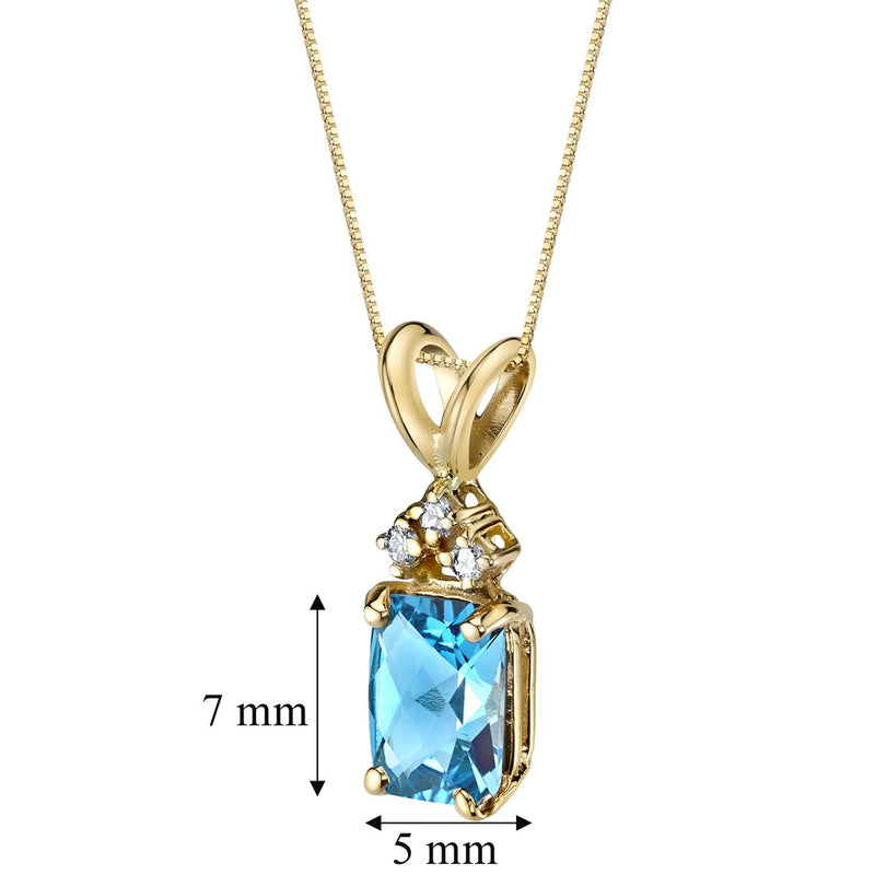 Swiss Blue Topaz and Diamond Pendant Necklace 14K Yellow Gold 1 Carat Radiant Cut