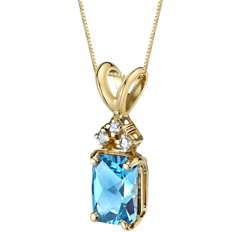 Swiss Blue Topaz and Diamond Pendant Necklace 14K Yellow Gold 1 Carat Radiant Cut
