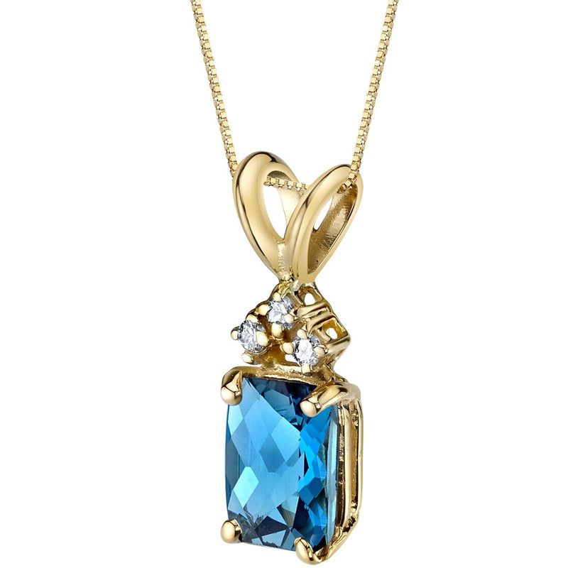 London Blue Topaz and Diamond Pendant Necklace 14K Yellow Gold 1 Carat Radiant Cut