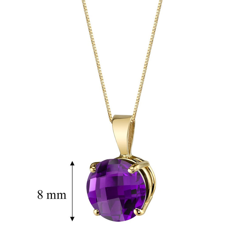14K Yellow Gold Round Cut 1.75 Carats Amethyst Pendant Necklace