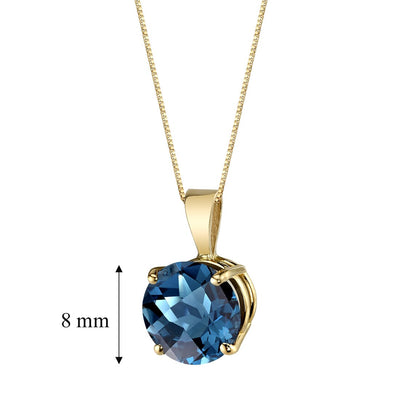 London Blue Topaz Pendant Necklace 14K Yellow Gold Round Shape 2.50 Carats