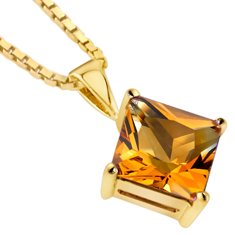 14K Yellow Gold Princess Cut 2.25 Carats Citrine Pendant Necklace