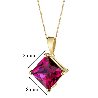 14K Yellow Gold Princess Cut 3 Carats Created Ruby Pendant Necklace