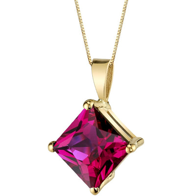 14K Yellow Gold Princess Cut 3 Carats Created Ruby Pendant Necklace