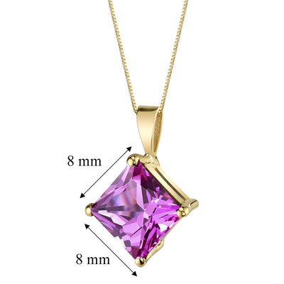 14K Yellow Gold Princess Cut 3 Carats Created Pink Sapphire Pendant Necklace