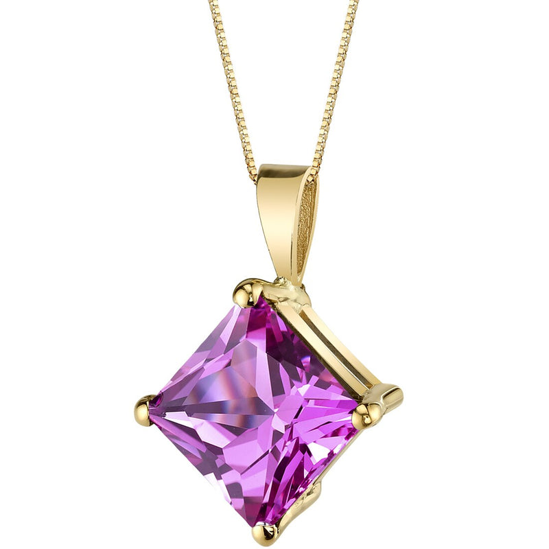 Pink Sapphire Pendant Necklace 14K Yellow Gold Princess Cut 3 Carats