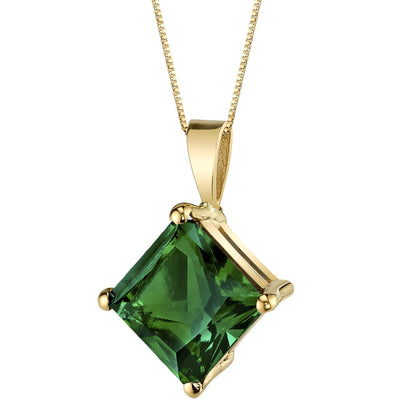14K Yellow Gold Princess Cut 2.25 Carats Created Emerald Pendant Necklace
