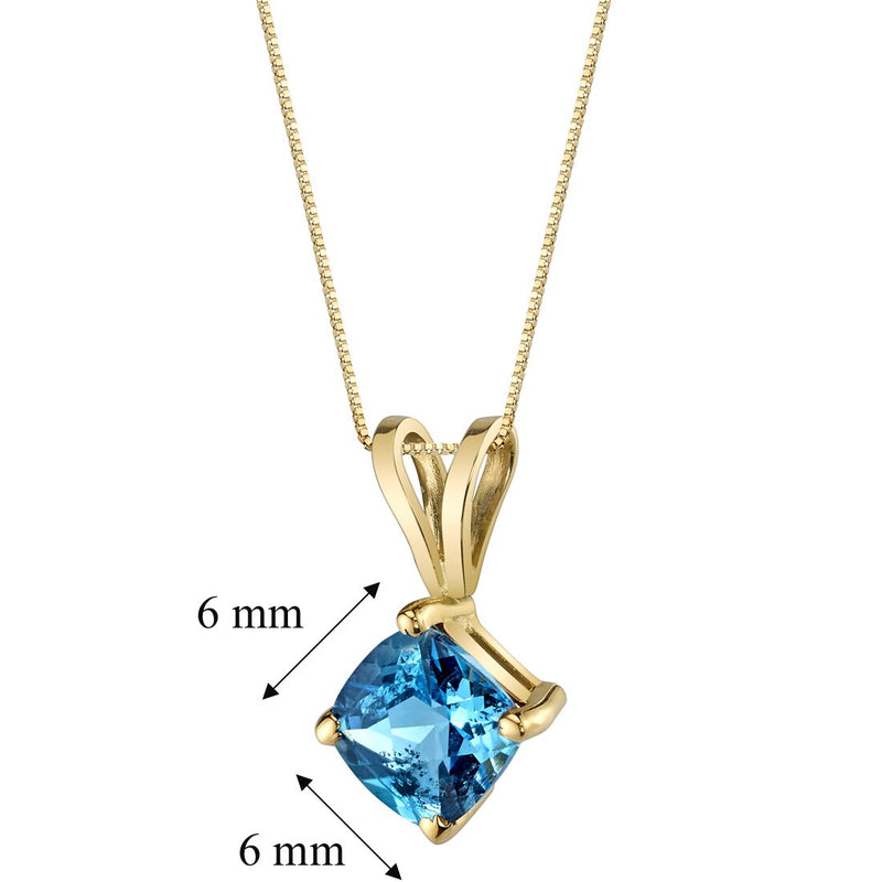 Swiss Blue Topaz Pendant Necklace 14K Yellow Gold Cushion Cut 1 Carat