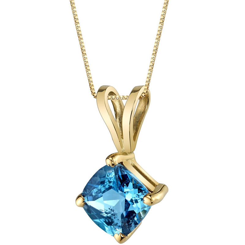 Swiss Blue Topaz Pendant Necklace 14K Yellow Gold Cushion Cut 1 Carat