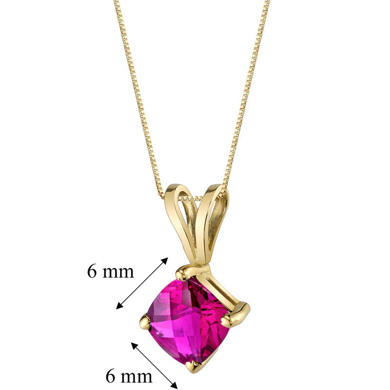 14K Yellow Gold Cushion Cut 1 Carat Created Ruby Pendant Necklace