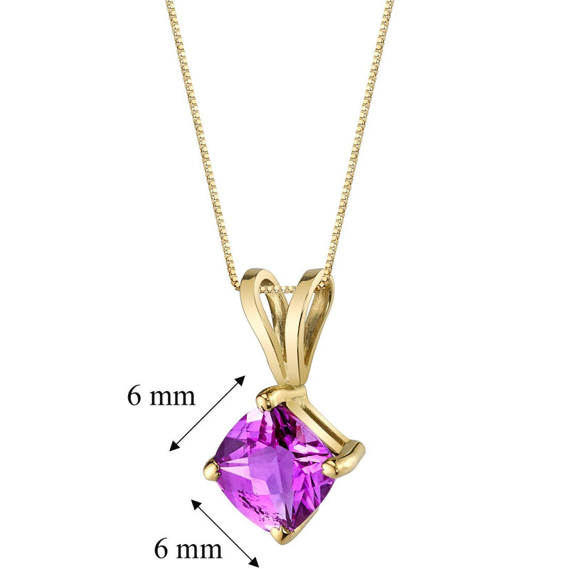 14K Yellow Gold Cushion Cut 1 Carat Created Pink Sapphire Pendant Necklace