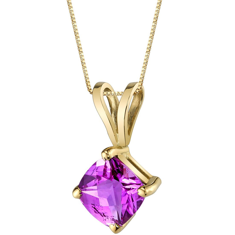 14K Yellow Gold Cushion Cut 1 Carat Created Pink Sapphire Pendant Necklace