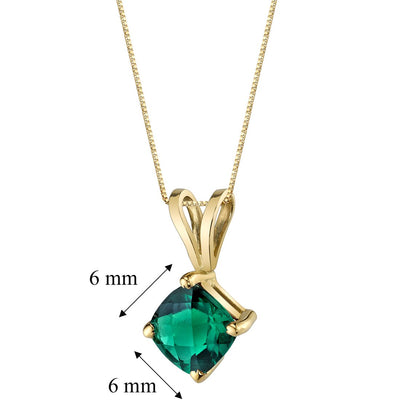 14K Yellow Gold Cushion Cut 0.75 Carat Created Emerald Pendant Necklace