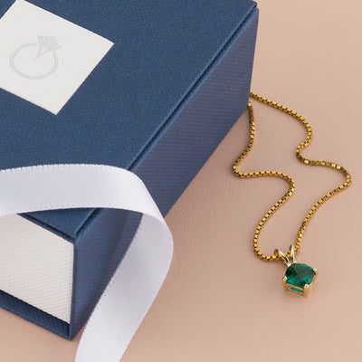 14K Yellow Gold Cushion Cut 0.75 Carat Created Emerald Pendant Necklace
