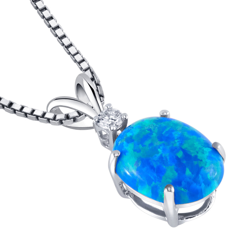 Blue Opal and Diamond Pendant Necklace 14K White Gold 1 Carat Oval