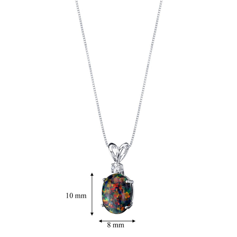 14K White Gold Oval Shape Created Black Opal Diamond Pendant Necklace