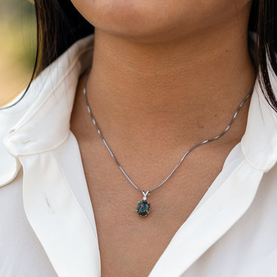 14K White Gold Oval Shape Created Black Opal Diamond Pendant Necklace