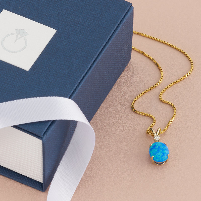 Blue Opal and Diamond Pendant Necklace 14K Yellow Gold 1 Carat Oval