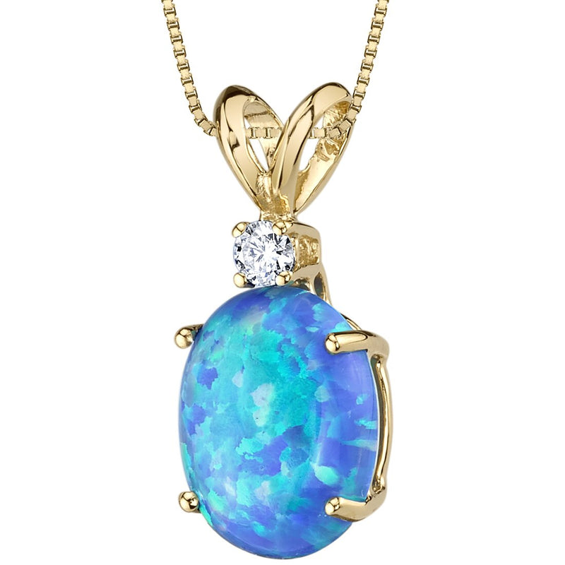 Blue Opal and Diamond Pendant Necklace 14K Yellow Gold 1 Carat Oval
