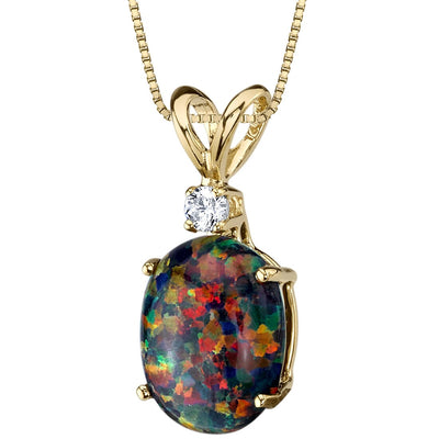 Black Opal and Diamond Pendant Necklace 14K Yellow Gold 1 Carat Oval