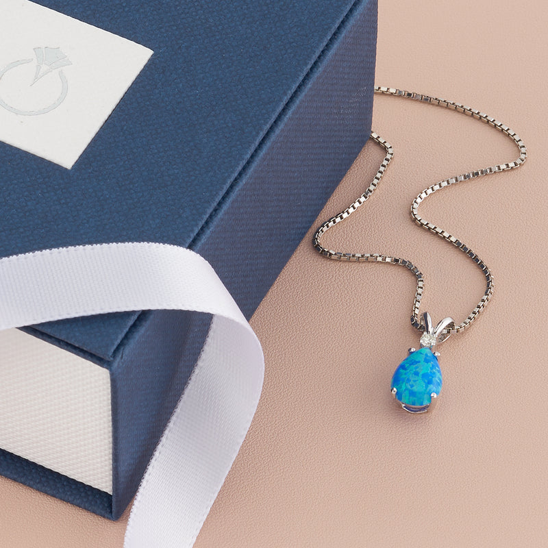 Blue Opal and Diamond Pendant Necklace 14K White Gold 1 Carat Pear Shape