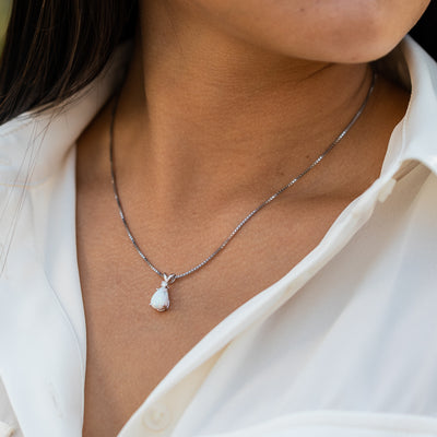 Opal and Diamond Pendant Necklace 14K White Gold 1 Carat Pear Shape