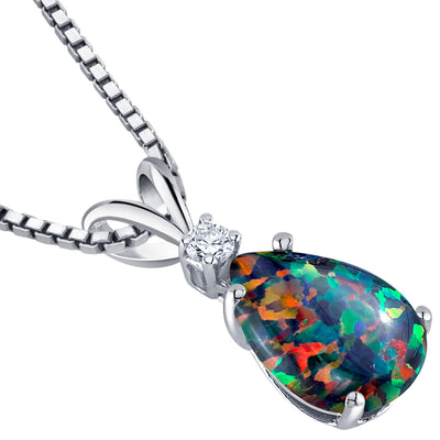 14K White Gold Pear Shape Created Black Opal Diamond Pendant Necklace