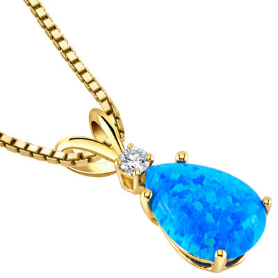 Blue Opal and Diamond Pendant Necklace 14K Yellow Gold 1 Carat Pear Shape
