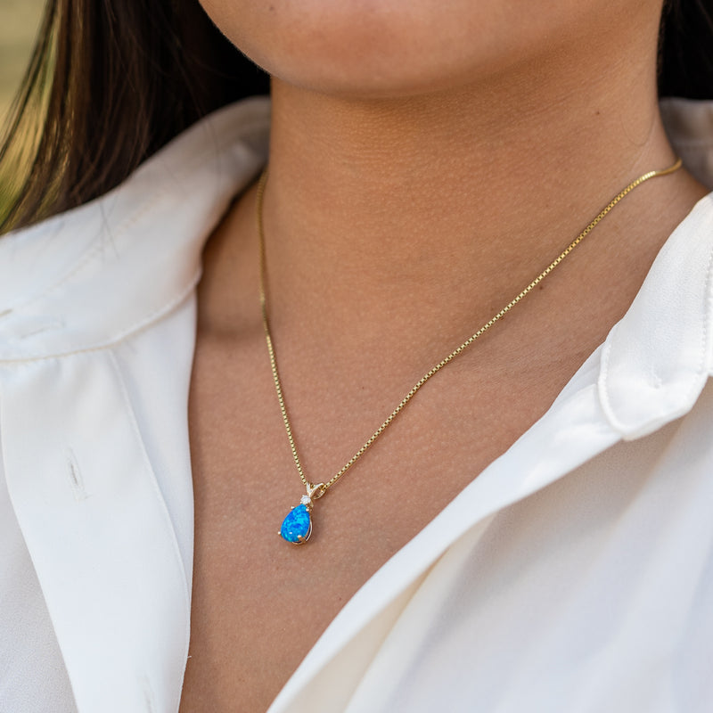 Blue Opal and Diamond Pendant Necklace 14K Yellow Gold 1 Carat Pear Shape
