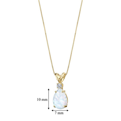 14K Yellow Gold Pear Shape Created Opal Diamond Pendant Necklace
