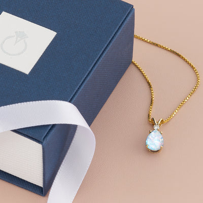 14K Yellow Gold Pear Shape Created Opal Diamond Pendant Necklace