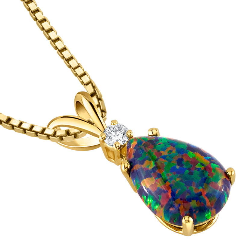 Black Opal and Diamond Pendant Necklace 14K Yellow Gold 1 Carat Pear Shape