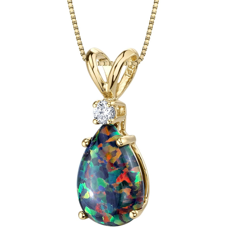 Black Opal and Diamond Pendant Necklace 14K Yellow Gold 1 Carat Pear Shape