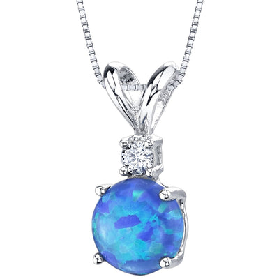 Blue Opal and Diamond Pendant Necklace 14K White Gold 0.50 Carat Round