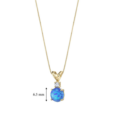 14K Yellow Gold Created Blue Opal Diamond Solitaire Pendant Necklace