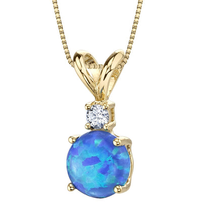 Blue Opal and Diamond Pendant Necklace 14K Yellow Gold 0.50 Carat Round
