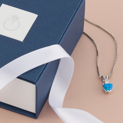 14 Karat White Gold Heart Shape Created Blue Opal Diamond Pendant P9860-gift box