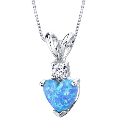 14 Karat White Gold Heart Shape Created Blue Opal Diamond Pendant P9860