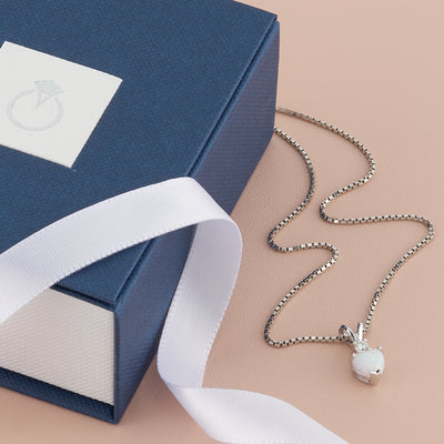 Opal and Diamond Pendant Necklace 14K White Gold 0.50 Carat Heart Shape