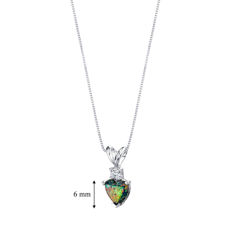 Black Opal and Diamond Pendant Necklace 14K White Gold 0.50 Carat Heart Shape