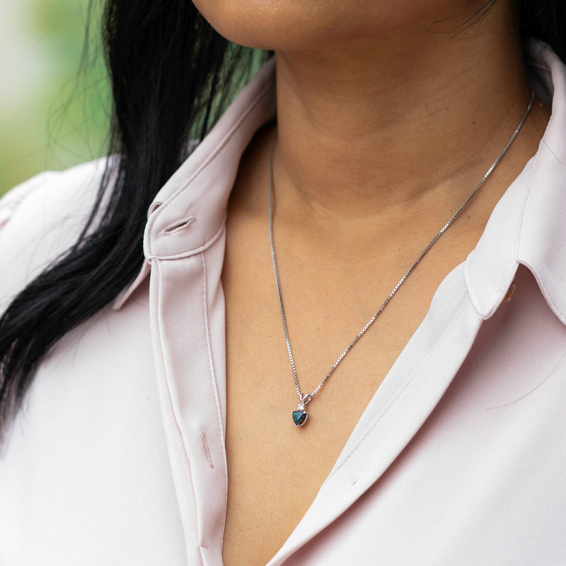 Black Opal and Diamond Pendant Necklace 14K White Gold 0.50 Carat Heart Shape