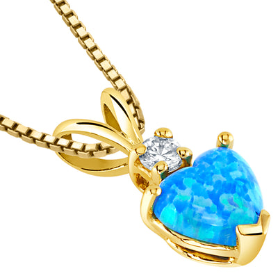 14K Yellow Gold Heart Shape Created Blue Opal Diamond Pendant Necklace